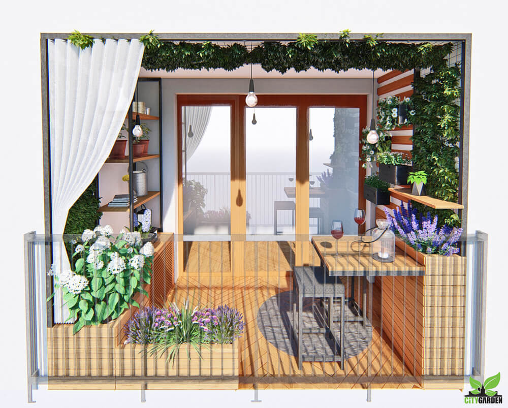projekt balkonu z bujną roślinnością