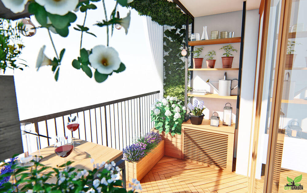 projekt balkonu z bujną roślinnością