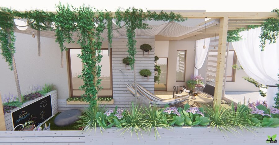 pergola z pnączami, drewno na tarasie, wiszące doniczki