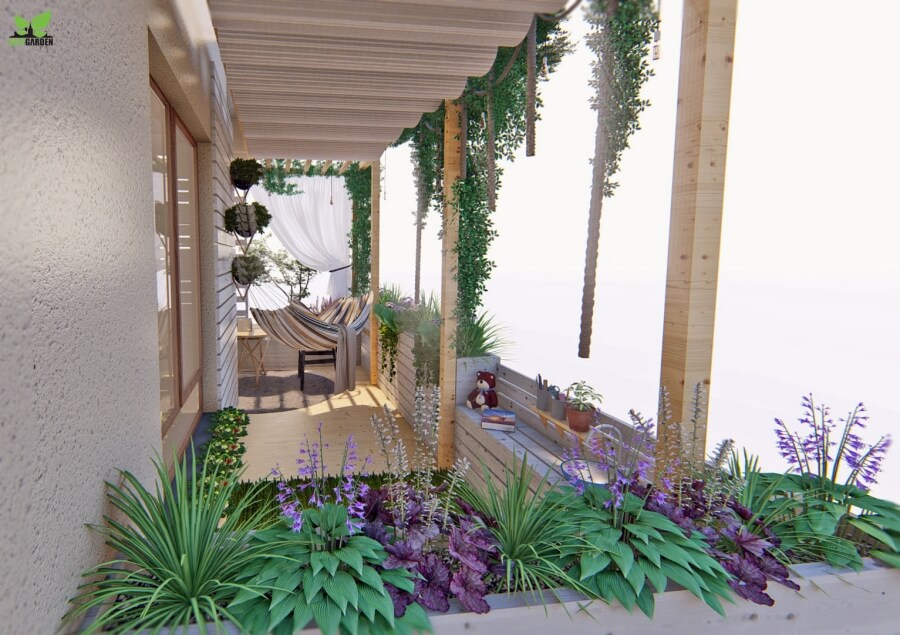 pergola z roletą rzymską, rośliny na tarasie
