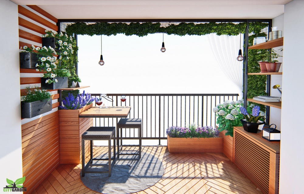 projekt balkonu z bujną roślinnością - citygarden