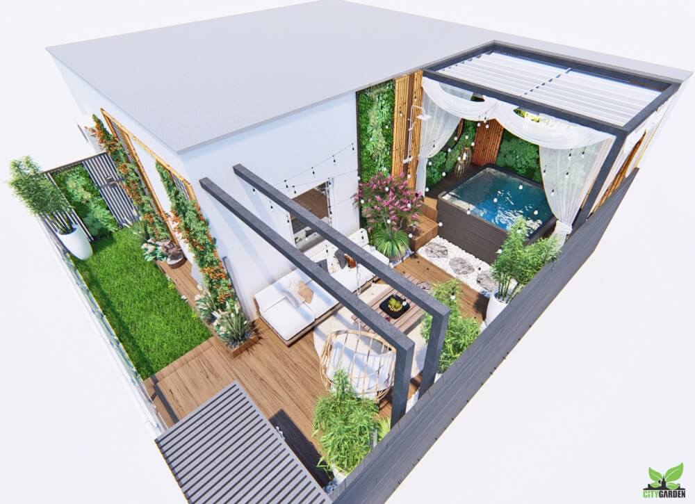 projekt tarasu z jacuzzi, pergolą oraz sauną