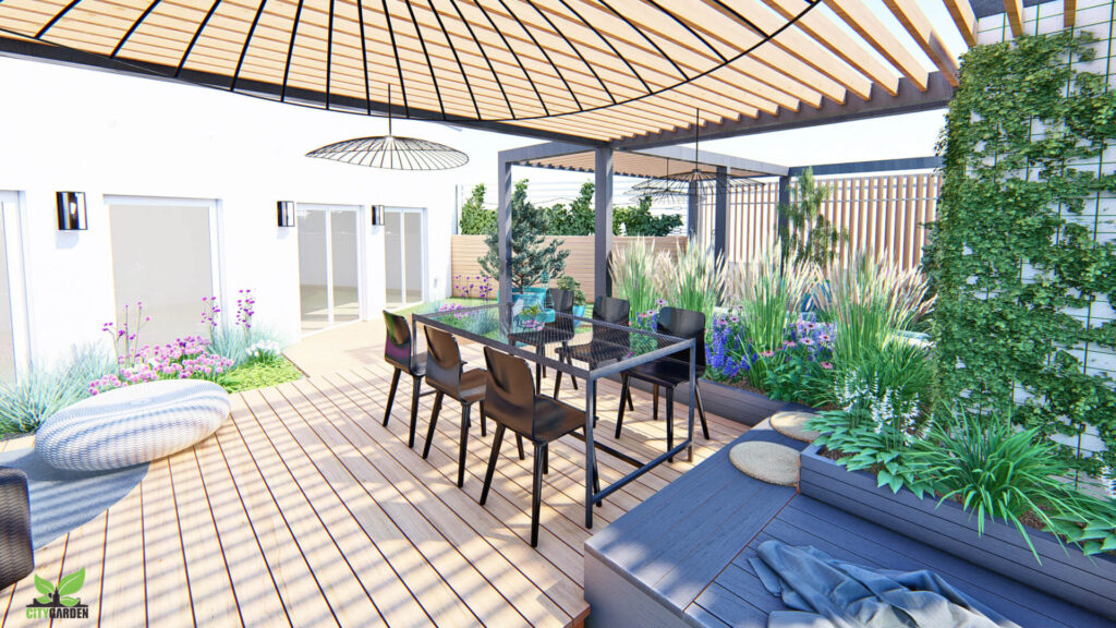 nowoczesny taras z pergola